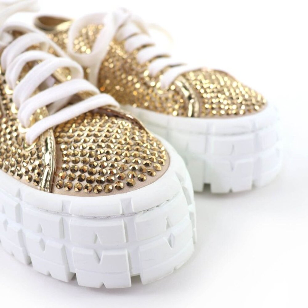 Prada Double Wheel Triangle Logo with Rhinestone Leather Low Cut Sneakers Gold - Picture 8 of 11
